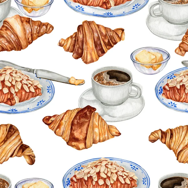 stock image Watercolor seamless pattern with coffee and French croissants. Digital paper with sweet croissants for scrapbooking and wrapping paper DIY. High quality and drawn food illustration