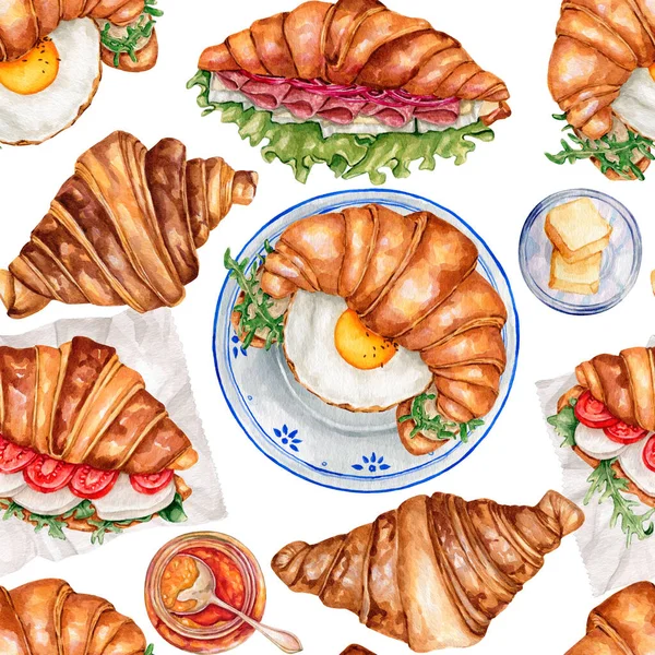 Akvarell Zökkenőmentes Minta Kávé Francia Croissant Digitális Papír Édes Croissant — Stock Fotó