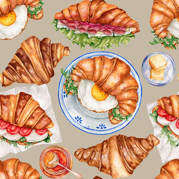 Watercolor Seamless Pattern Coffee French Croissants Digital Paper Sweet Croissants — Stockfoto