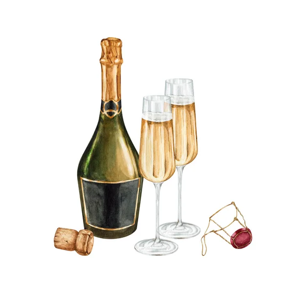 Watercolor champagne wine gourmet set Illustration. High quality hand painting wineglasses with sparkling wine illustration. Wine story clipart collection.
