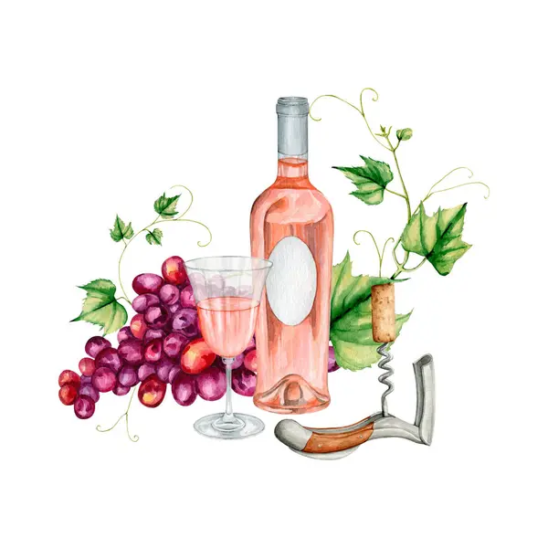 Watercolor rose wine gourmet set Illustration. High quality hand painting wineglasses with sparkling wine illustration. Wine story clipart collection.