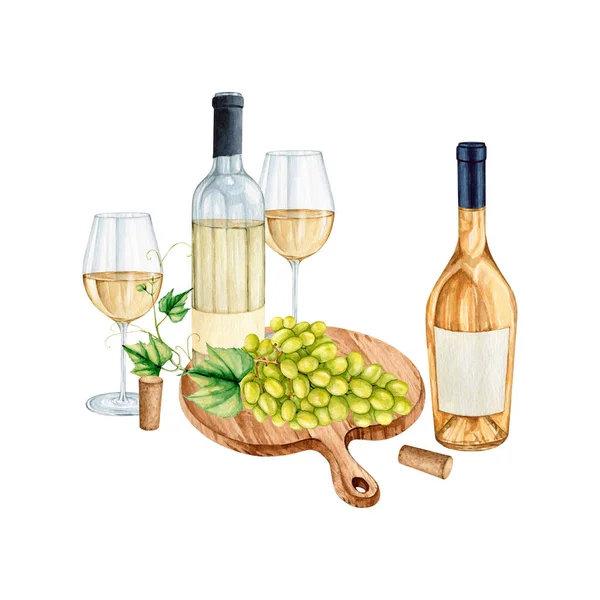 Watercolor white wine gourmet set Illustration. High quality hand painting wineglasses with white wine illustration. Wine story clipart collection.