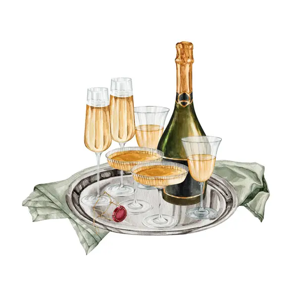Watercolor sparkling wine gourmet set Illustration. High quality hand painting wineglasses with sparkling wine illustration. Wine story clipart collection.