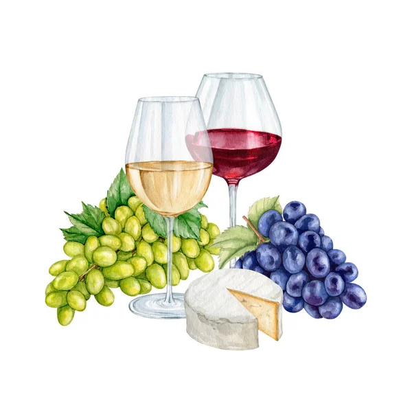 Watercolor wine gourmet set Illustration. High quality hand painting wineglasses with wine illustration. Wine story clipart collection.
