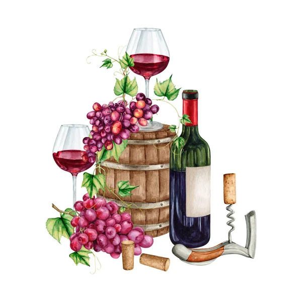 Watercolor red wine gourmet set Illustration. High quality hand painting wineglasses with red wine illustration. Wine story clipart collection.