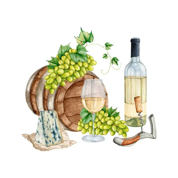 Watercolor white wine gourmet set Illustration. High quality hand painting wineglasses with white wine illustration. Wine story clipart collection.