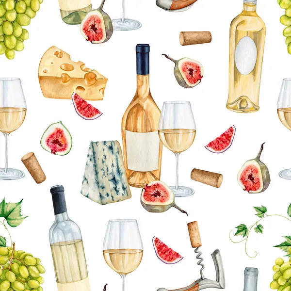 Watercolor wine story seamless pattern. Gourmet pattern collection. High quality hand painting watercolor background illustration.