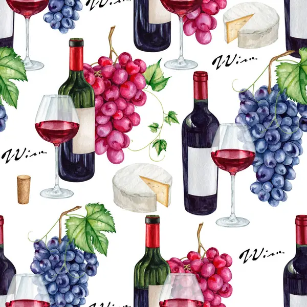 Watercolor wine story seamless pattern. Gourmet pattern collection. High quality hand painting watercolor background illustration.