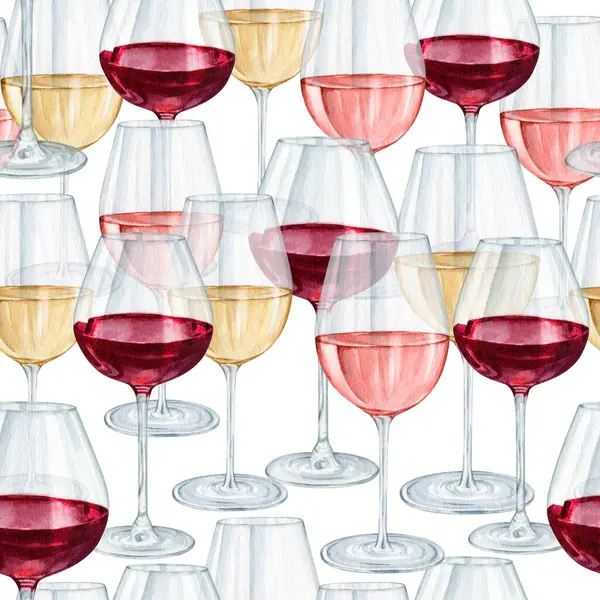 Watercolor wineglasses seamless pattern. Wine story pattern collection. High quality hand painting watercolor background illustration.