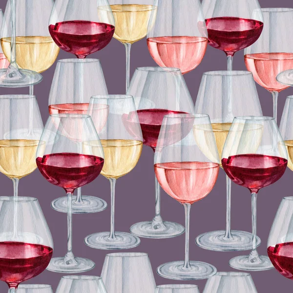 Watercolor wineglasses seamless pattern. Wine story pattern collection. High quality hand painting watercolor background illustration.