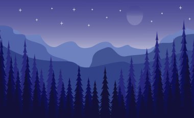 Gece arkaplanındaki çam ağacı ormanının klasik dağ manzarası çizimi tasarımı