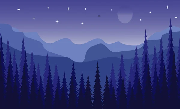 Paysage Montagne Affiche Vintage Pinède Forêt Nuit Fond Illustration Design — Image vectorielle