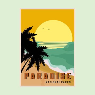 Paradise Beach Ulusal Park Vintage poster tasarımı, tropikal okyanus poster tasarımı