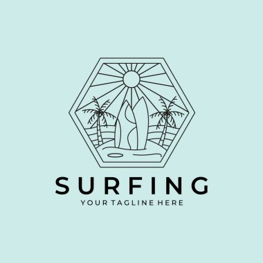 Okyanus sörf hattı sanat logosu vektör çizimi, plaj logosu tasarımı