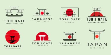 Torii geçit logo vintage ve çizgi sanat vektörü illüstrasyon ikon tasarımı seti. Çeşitli torii amblemlerinin demet koleksiyonu Japon kültür etiketi