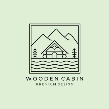 Modern ev kulübesi logosu logo vektör çizgisi sanat basit illüstrasyon tasarım çerçeve logo rozet amblemi ahşap orman kulübesi kulübesi