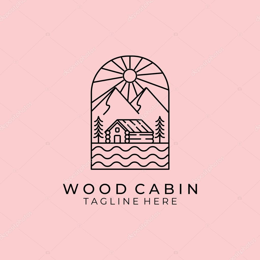 Emblem of Cabin Cottage Line Art Minimalist Logo Mountain Sunburst Vector Illustration Lake River Wave Design