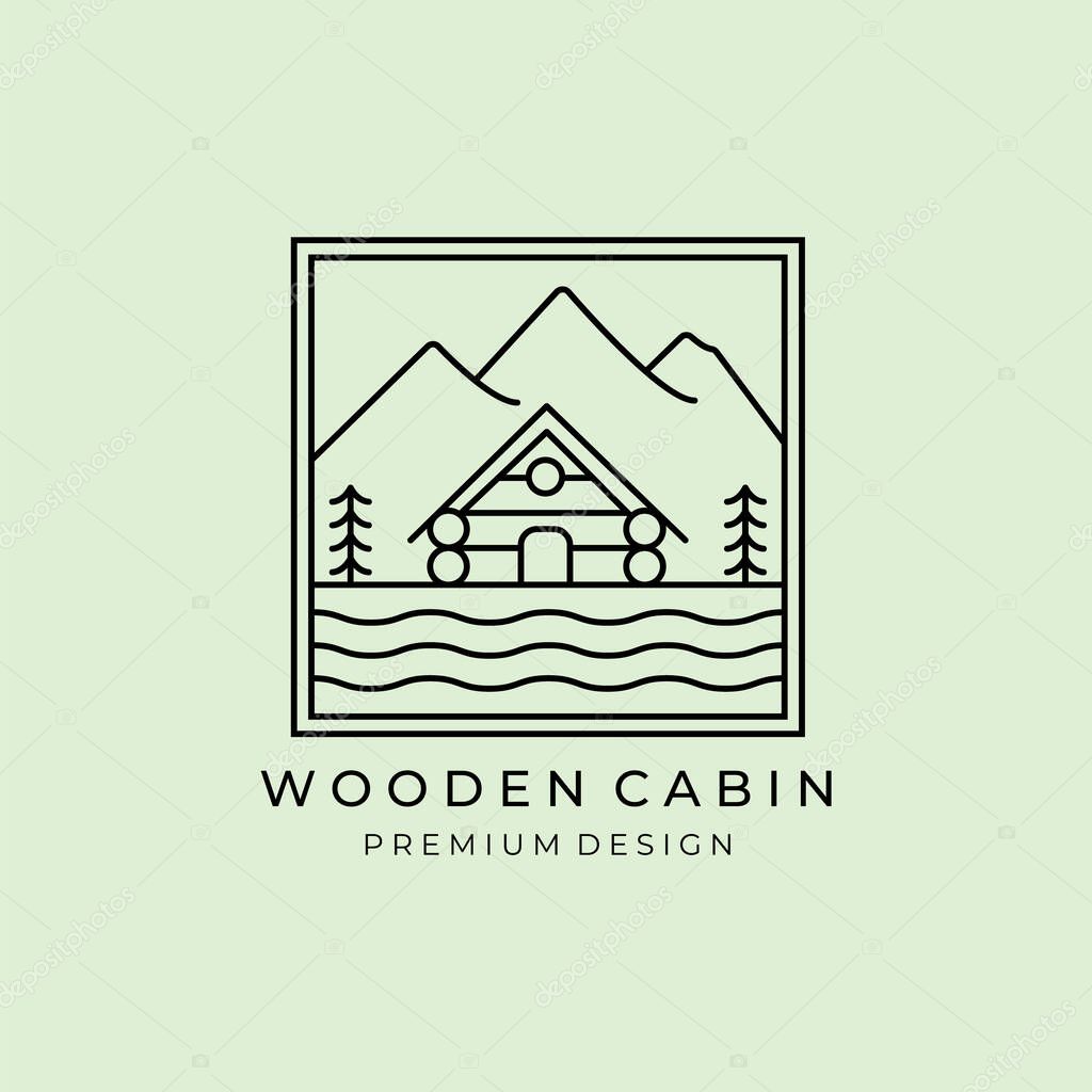 Modern house cabin cottage logo vector icon line art simple illustration design frame logo badge emblem wooden forest cabin cottage