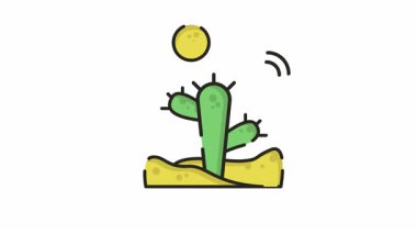 Logo ikonu vektör minimalist animasyon dizaynı. Sarı bir güneşin altında çölde kaktüs..