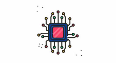 Modern bir bilgisayar işlemci çip fonksiyonunun canlandırılmış video simgesi. Teknoloji sunumları, bilgisayar bilimi dersleri ve eğitim videoları için ideal.