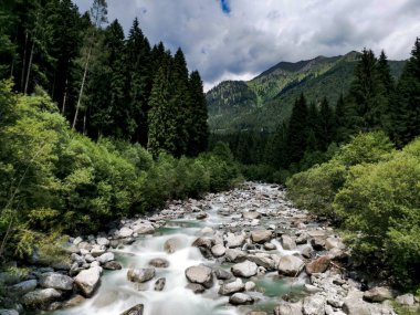 beautiful mountain river with stones in the forest on the top of the rocks