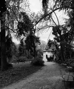 Landscape of a park in black and white with a path. a row of benches and a booth in the background. Square format.