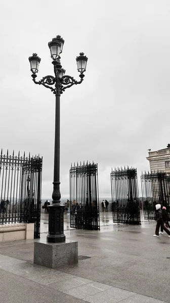 Rainy urban landscape with gray sky and a street lamp in the foreground. Vertical photography. Copyspace.