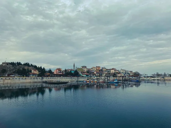 a town of houses by the lake