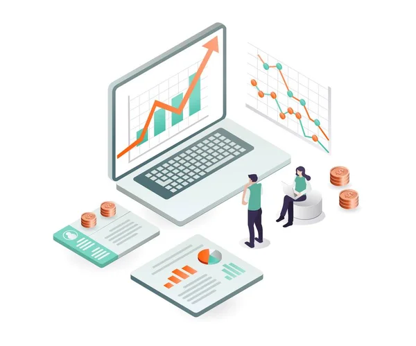 Isometric design concept data analysis of business development and earnings
