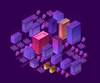 Bir şehrin yaşam tarzı kentsel Isometric 3D illüstrasyonu