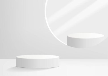 3d arkaplan ürünleri kozmetik ürünleri göstermek için geometrik platformlu podyum sahnesi sergiliyor. Sahne vitrininde beyaz stüdyo