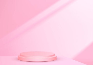 3d arkaplan ürünleri kozmetik ürünleri göstermek için geometrik platformlu podyum sahnesi sergiliyor. Sahne vitrininde pembe bir stüdyo.
