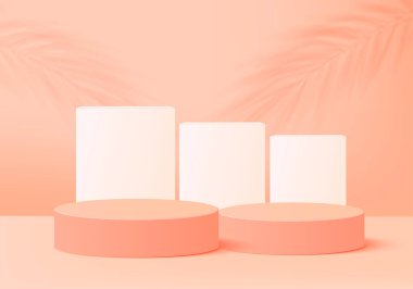 3d arkaplan ürünleri kozmetik ürünleri göstermek için geometrik platformlu podyum sahnesi sergiliyor. Sahne vitrininde portakal rengi stüdyo