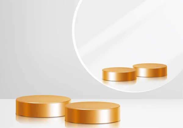3D arka plan ürünleri, kozmetik ürünleri göstermek için geometrik platformlu altın podyum sahnesi sergiliyor. Sergi stüdyosunda sahne gösterisi