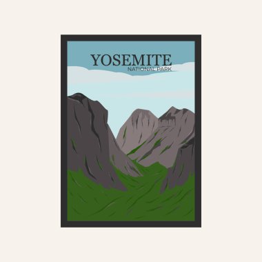 Yosemite Ulusal Park posterinin arka plan sanat vektörü tasarımı illüstrasyonu.