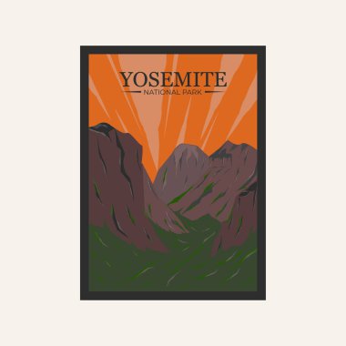 Yosemite Ulusal Park posterinin arka plan sanat vektörü tasarımı illüstrasyonu.
