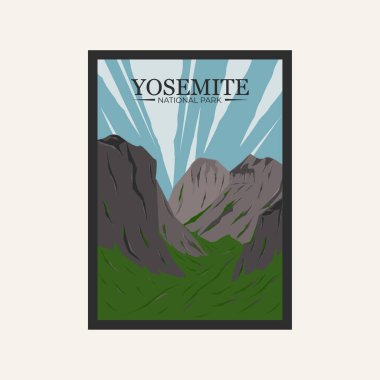 Yosemite Ulusal Park posterinin arka plan sanat vektörü tasarımı illüstrasyonu.