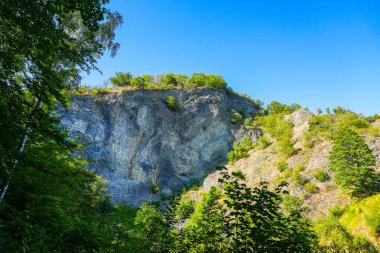 Hirzstein taş ocağı Kassel yakınlarında. Kaya yüzlü doğa. Taş ocağının yakınındaki manzara.