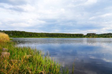 Hirschler pond near Clausthal-Zellerfeld in the Harz Mountains. Landscape with a small lake and idyllic nature.