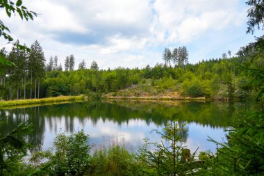 Landscape at the Grumbacher Teich. Nature in the Harz near Goslar. Idyllic landscape by the lake in autumn.