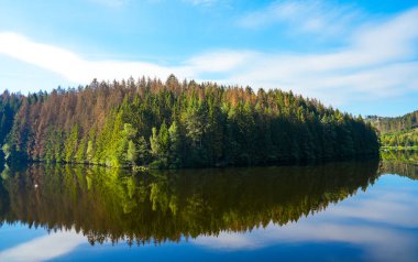 Oker reservoir near Altenau in the Harz Mountains. View from the Okertalsperre to the Oker See and the surrounding landscape. Idyllic nature by the water.