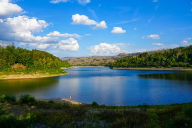 Soesetalsperre near Osterode am Harz. View of the reservoir with the surrounding idyllic nature. Landscape at the lake in the Harz National Park.