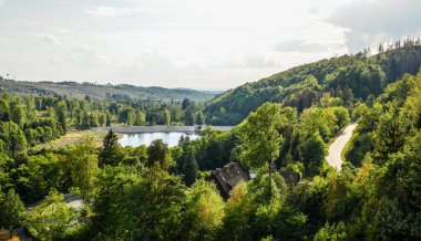 Soesetalsperre near Osterode am Harz. View of the reservoir with the surrounding idyllic nature. Landscape at the lake in the Harz National Park.