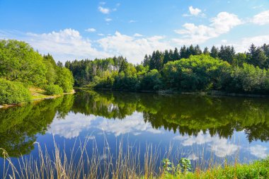 Unterer Eschenbacher Teich 'te manzara. Harz Ulusal Parkı 'ndaki Clausthal-Zellerfeld yakınlarındaki gölde. Eski maden göleti.