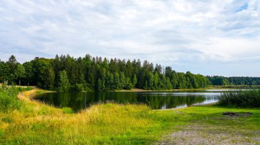 Unterer Haus-Herzberger Teich 'in manzarası. Harz Ulusal Parkı 'ndaki Clausthal-Zellerfeld yakınlarındaki gölde. Eski maden göleti.