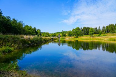 View of the landscape at the Wasserlaeufer Teich near Clausthal-Zellerfeld. Idyllic nature by the lake in the Harz National Park. Old mining pond. Water strider pond.