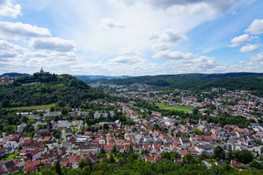 View of Marsberg and the surrounding countryside. Aerial view. View from the Bilstein Tower.