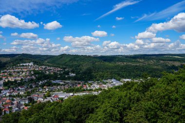 View of Marsberg and the surrounding countryside. Aerial view. View from the Bilstein Tower.