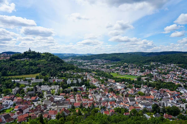 stock image View of Marsberg and the surrounding countryside. Aerial view. View from the Bilstein Tower.