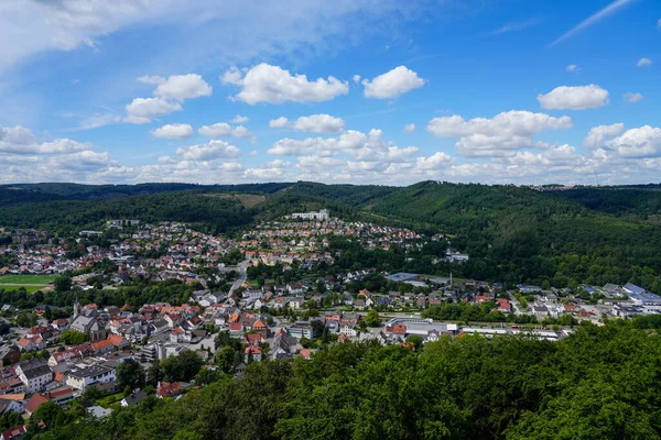 View of Marsberg and the surrounding countryside. Aerial view. View from the Bilstein Tower.